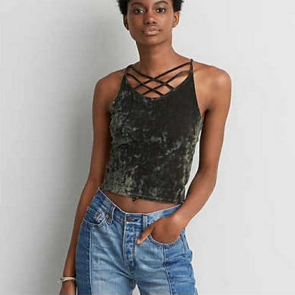 American‎ Eagle Crushed Velvet Strappy Cami Tank Olive Green Small Y2K Grunge